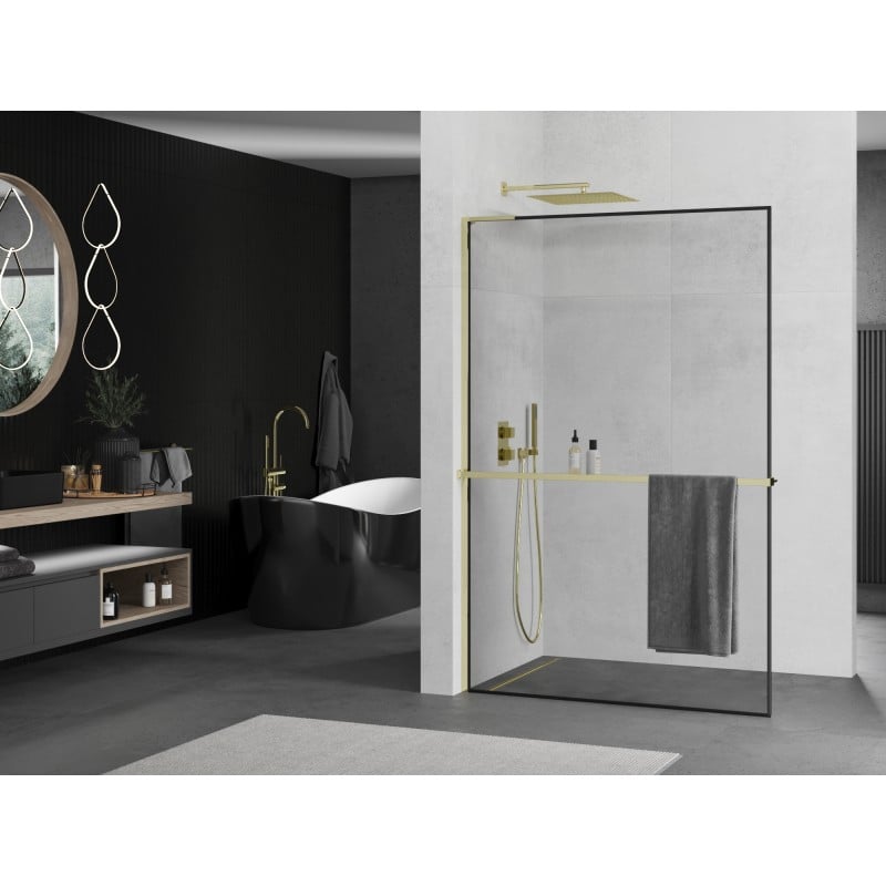 Mexen Kioto+ L Duschwand mit Ablage Walk-in 50 x 200 cm, schwarzer Rahmen, gold - 800-050-123-50-70