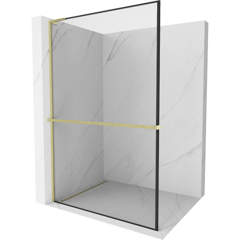 Mexen Kioto+ L Duschwand mit Regal Walk-in 70 x 200 cm, schwarzer Rahmen, gebürstetes Gold - 800-070-123-55-70