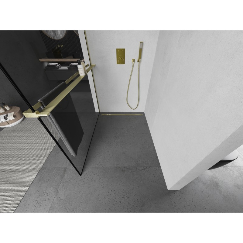 Mexen Kioto+ L Duschwand mit Regal Walk-in 60 x 200 cm, schwarzer Rahmen, gebürstetes Gold - 800-060-123-55-70
