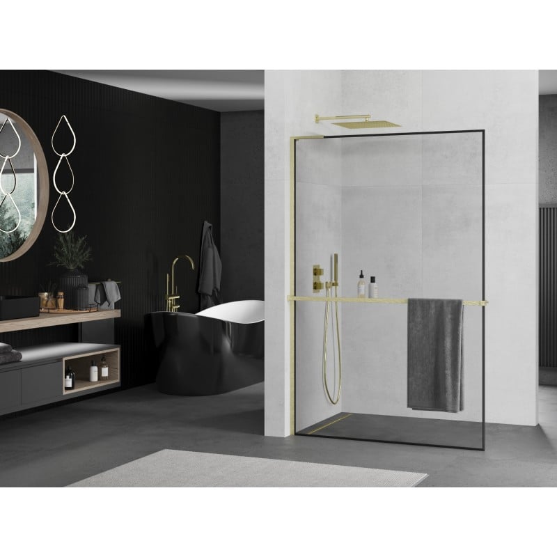 Mexen Kioto+ L Duschwand mit Regal Walk-in 50 x 200 cm, schwarzer Rahmen, gold gebürstet - 800-050-123-55-70