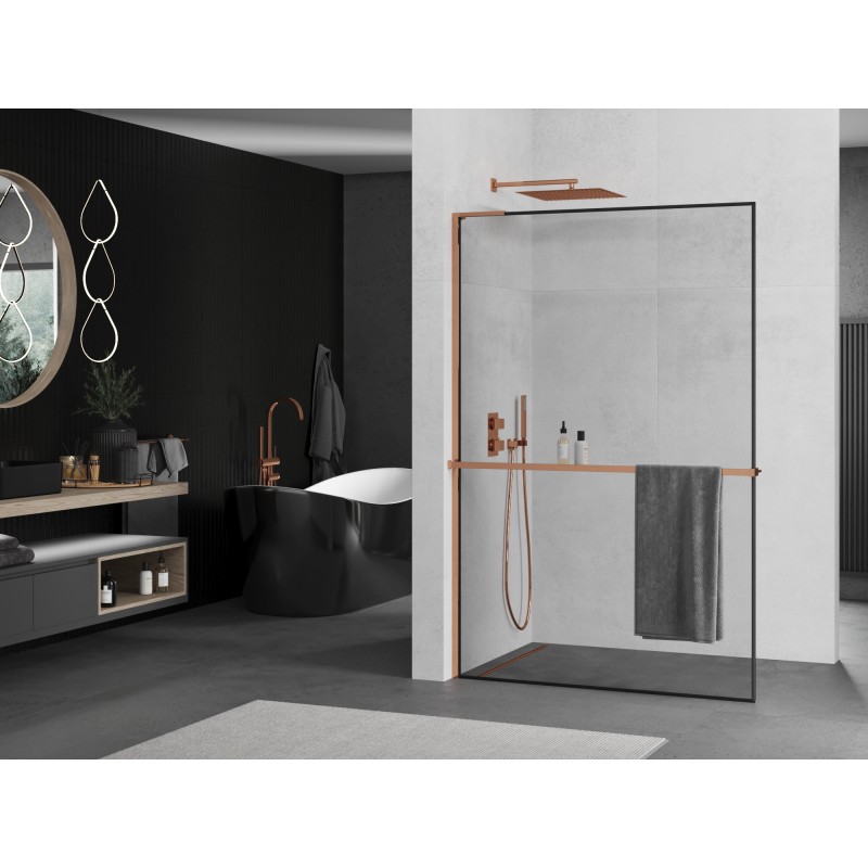 Mexen Kioto+ L Duschwand mit Ablage Walk-in 70 x 200 cm, schwarzer Rahmen, Roségold - 800-070-123-60-70