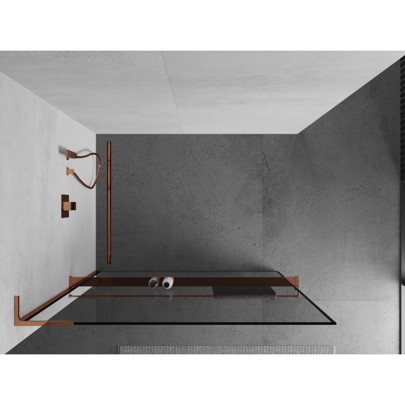Mexen Kioto+ L Duschwand mit Regal Walk-in 100 x 200 cm, schwarzer Rahmen, Roségold - 800-100-123-60-70