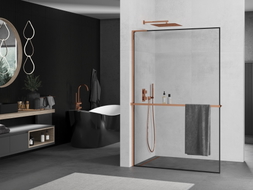 Mexen Kioto+ L Duschwand mit Regal Walk-in 100 x 200 cm, schwarzer Rahmen, Roségold - 800-100-123-60-70