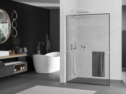 Mexen Kioto+ L Duschwand mit Ablage Walk-in 100 x 200 cm, schwarzer Rahmen, gebürstetes Nickel - 800-100-123-97-70