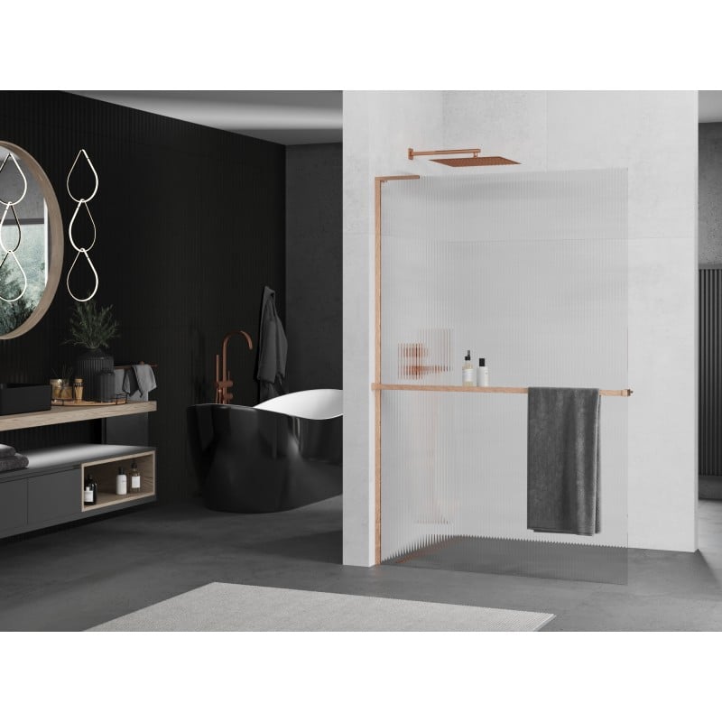 Mexen Kioto+ L Duschwand mit Regal Walk-in 70 x 200 cm, Rillen, gebürstetes Kupfer - 800-070-123-65-09