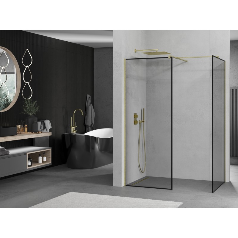 Mexen Kioto Duschwand Walk-in 140 x 70 cm, schwarzer Rahmen, gold gebürstet - 800-140-202-55-70-070