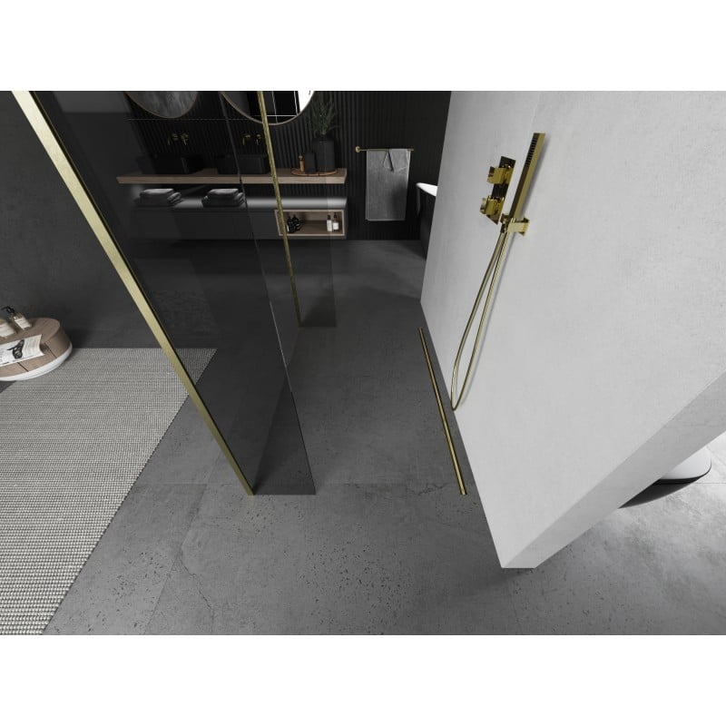 Mexen Kioto freistehende Duschwand 130 x 30 x 30 cm, transparent, gebürstet gold - 800-130-030-222-55-00-030