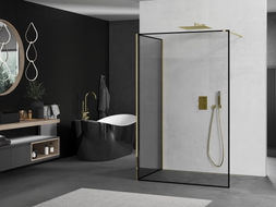 Mexen Kioto Duschwand Walk-in 90 x 90 cm, schwarzer Rahmen, gold - 800-090-212-50-70-090