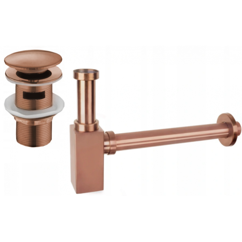 Mexen quadratischer Waschbecken-Halbsyphon mit Klick-Klack-Verschluss, mit Überlauf, Roségold - 7992060-60