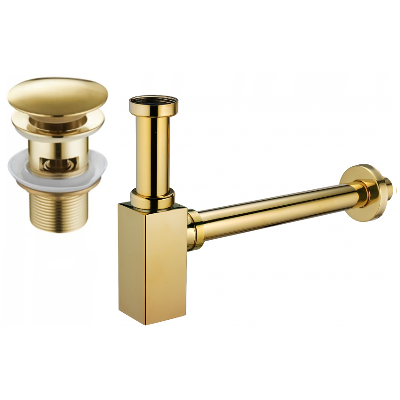 Mexen quadratischer Waschbecken-Halbsiphon mit Klick-Klack-Stöpsel, mit Überlauf, gold - 7992060-50