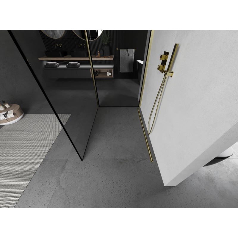Mexen Kioto Duschwand Walk-in 130 x 90 cm, schwarzer Rahmen, gold gebürstet - 800-130-212-55-70-090