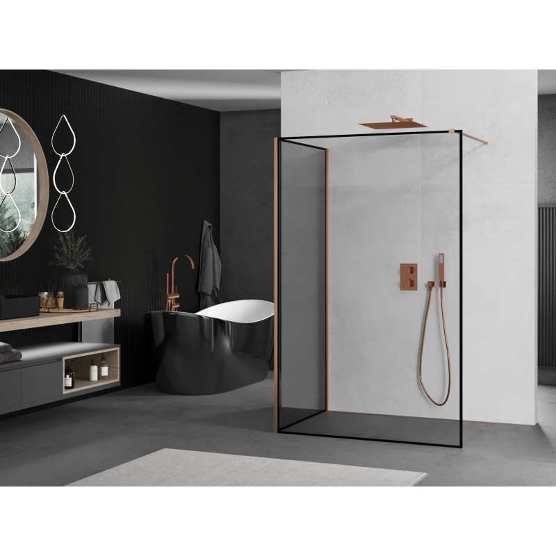 Mexen Kioto Duschwand Walk-in 140 x 100 cm, schwarzer Rahmen, gebürstetes Kupfer - 800-140-212-65-70-100