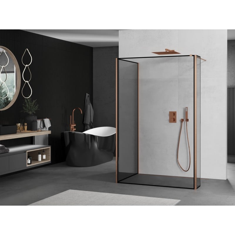 Mexen Kioto Duschwand Walk-in 90 x 80 x 30 cm, schwarzer Rahmen, gebürstetes Kupfer - 800-090-080-221-65-70-030