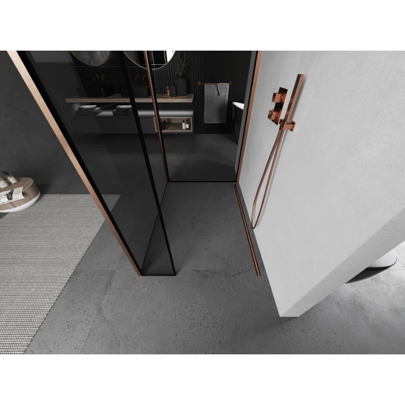 Mexen Kioto Duschwand Walk-in 130 x 100 x 30 cm, schwarzer Rahmen, gebürstetes Kupfer - 800-130-100-221-65-70-030