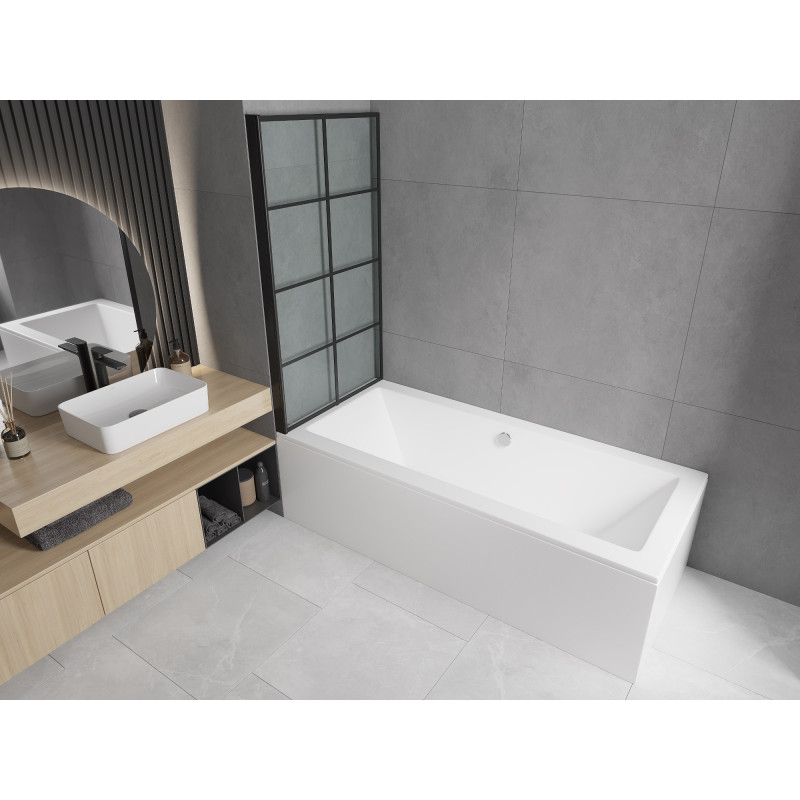 Mexen Cube Rechteckige Badewanne 170 x 80 cm mit Verkleidung und 1-flügeligem Paravent 70 cm, schwarzes Muster