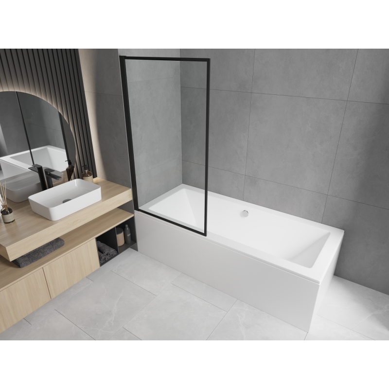 Mexen Cube rechteckige Badewanne 170 x 80 cm mit Verkleidung und 1-flügeliger Abtrennung 80 cm, schwarzes Muster