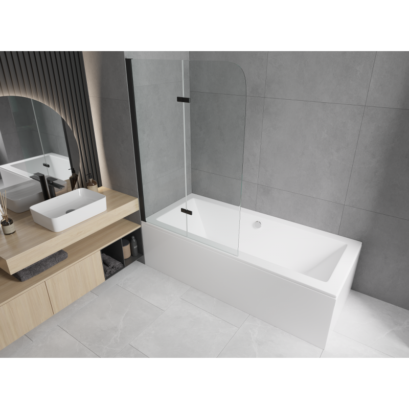 Mexen Cube Rechteckige Badewanne 180 x 80 cm mit Verkleidung und 2-flügeliger 80 cm Trennwand, transparent, schwarz