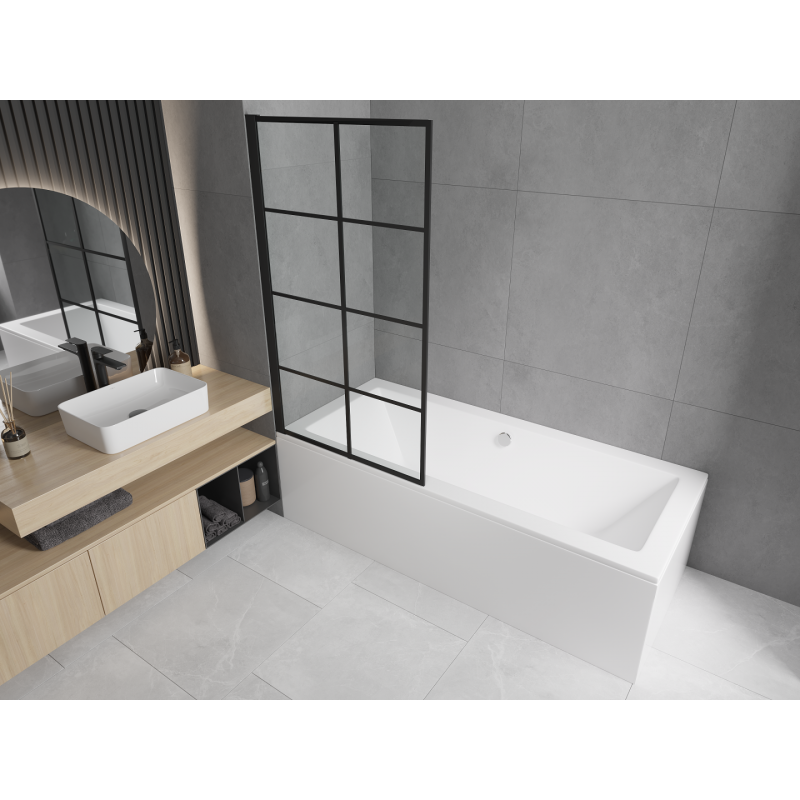 Mexen Cube Rechteckige Badewanne 180 x 80 cm mit Verkleidung und 1-flügeliger Abtrennung 70 cm, schwarzes Muster
