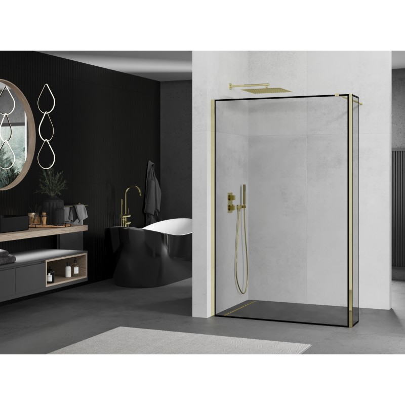 Mexen Kioto Duschwand Walk-in 90 x 30 cm, schwarzer Rahmen, gold - 800-090-212-50-70-030