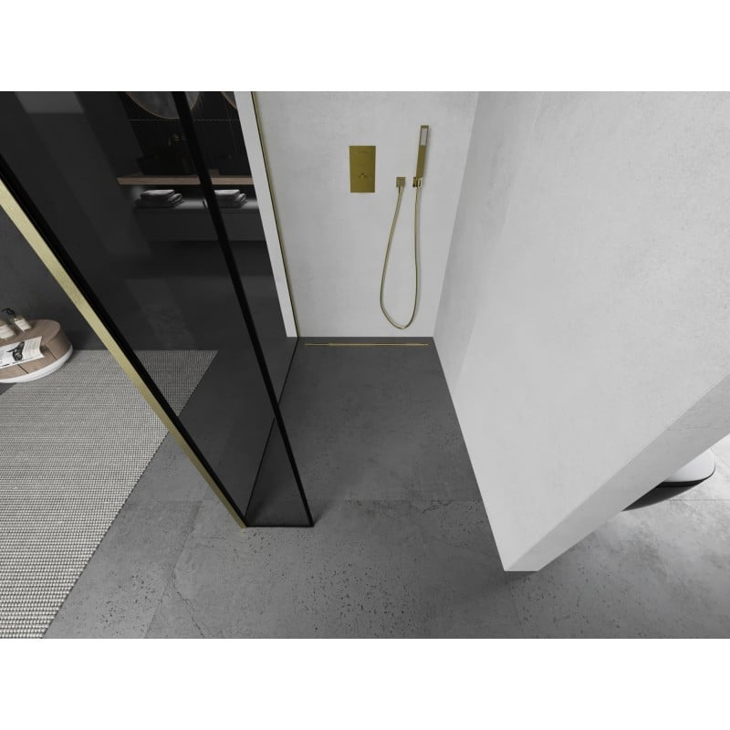 Mexen Kioto Duschwand Walk-in 130 x 40 cm, schwarzer Rahmen, gebürstetes Gold - 800-130-212-55-70-040