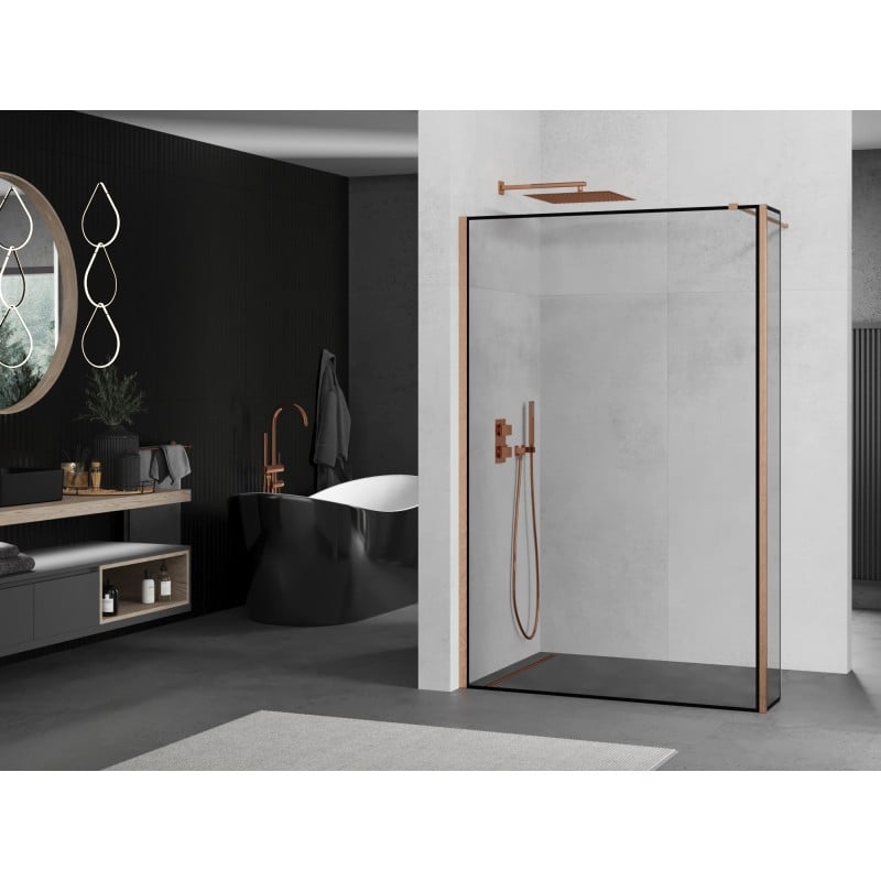 Mexen Kioto Duschwand Walk-in 130 x 30 cm, schwarzer Rahmen, gebürstetes Kupfer - 800-130-212-65-70-030