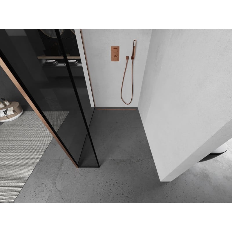 Mexen Kioto Duschwand Walk-in 110 x 30 cm, schwarzer Rahmen, gebürstetes Kupfer - 800-110-212-65-70-030