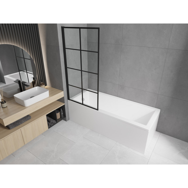 Mexen Cubik Rechteckige Badewanne 150 x 70 cm mit Verkleidung und 1-flügeliger Duschwand 70 cm, schwarzes Muster
