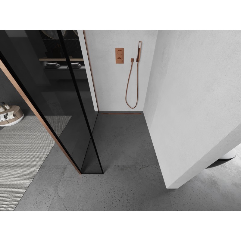 Mexen Kioto Duschwand Walk-in 150 x 40 cm, schwarzer Rahmen, gebürstetes Kupfer - 800-150-212-65-70-040