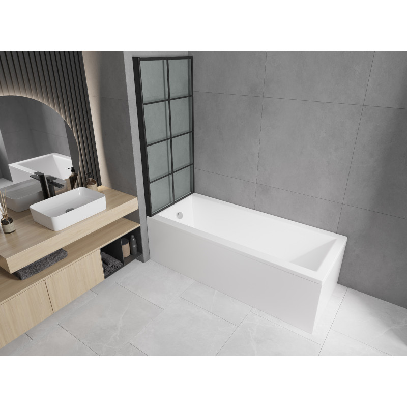 Mexen Cubik Rechteckige Badewanne 150 x 70 cm mit Verkleidung und 1-flügeliger Duschwand 80 cm, schwarzes Muster