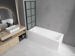 Mexen Cubik rechteckige Badewanne 160 x 70 cm mit Verkleidung und 1-flügeliger Paravan 80 cm, schwarzes Muster