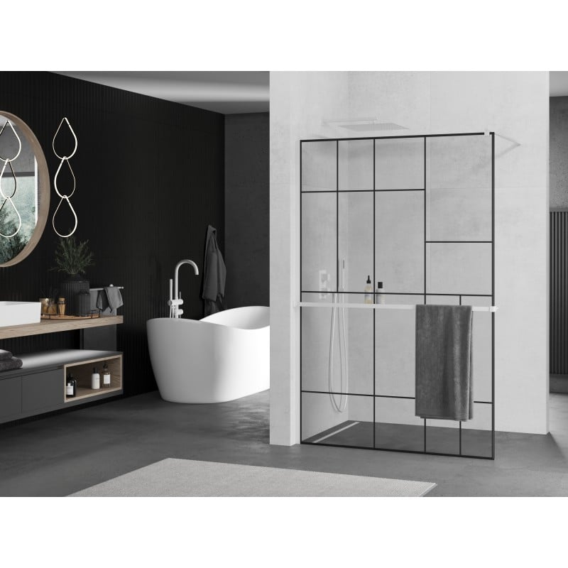 Mexen Kioto+ Duschwand mit Ablage Walk-in 90 x 200 cm, schwarzes Muster, weiß - 800-090-121-20-78