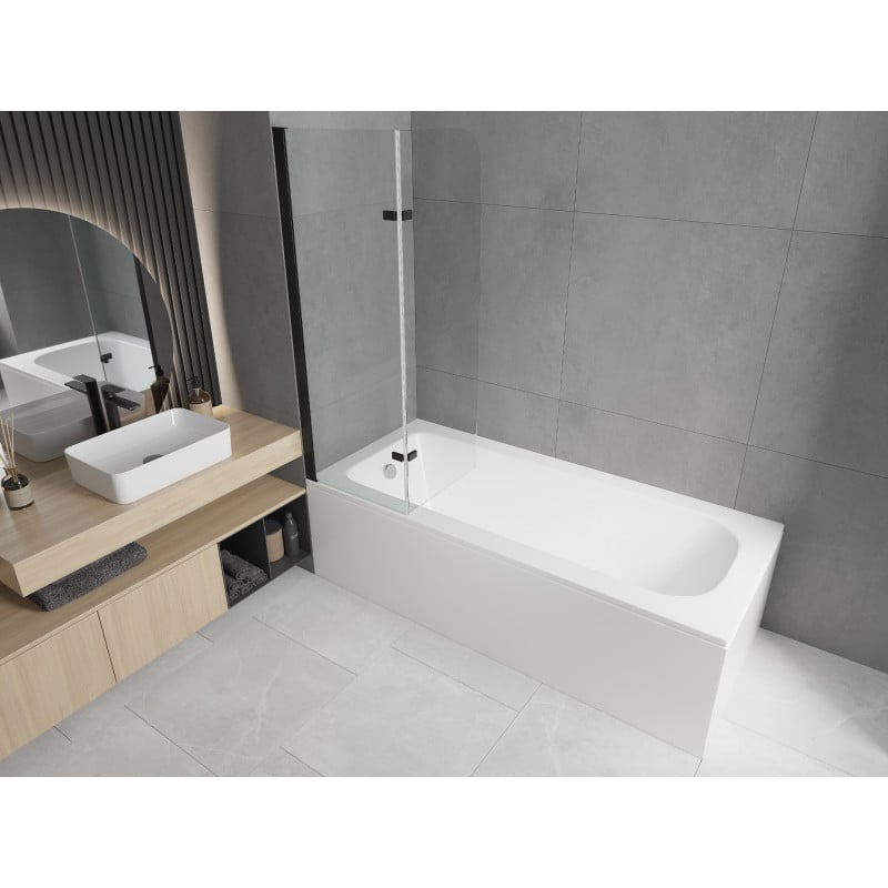 Mexen Vega Rechteckige Badewanne 150 x 70 cm mit Verkleidung und 2-flügeliger Trennwand 80 cm, transparent, schwarz