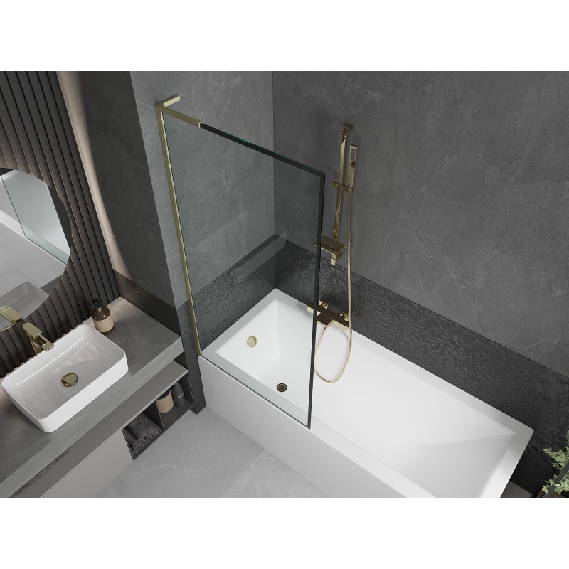 Mexen Next L Badewannen-Abtrennung 1-flügelig 80 x 150 cm, schwarzer Rahmen, gebürstetes Gold - 895-080-000-03-70-55