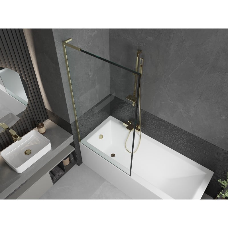 Mexen Next L Badewannenabtrennung 1-flügelig 90 x 150 cm, schwarzer Rahmen, gebürstetes Gold - 895-090-000-03-70-55