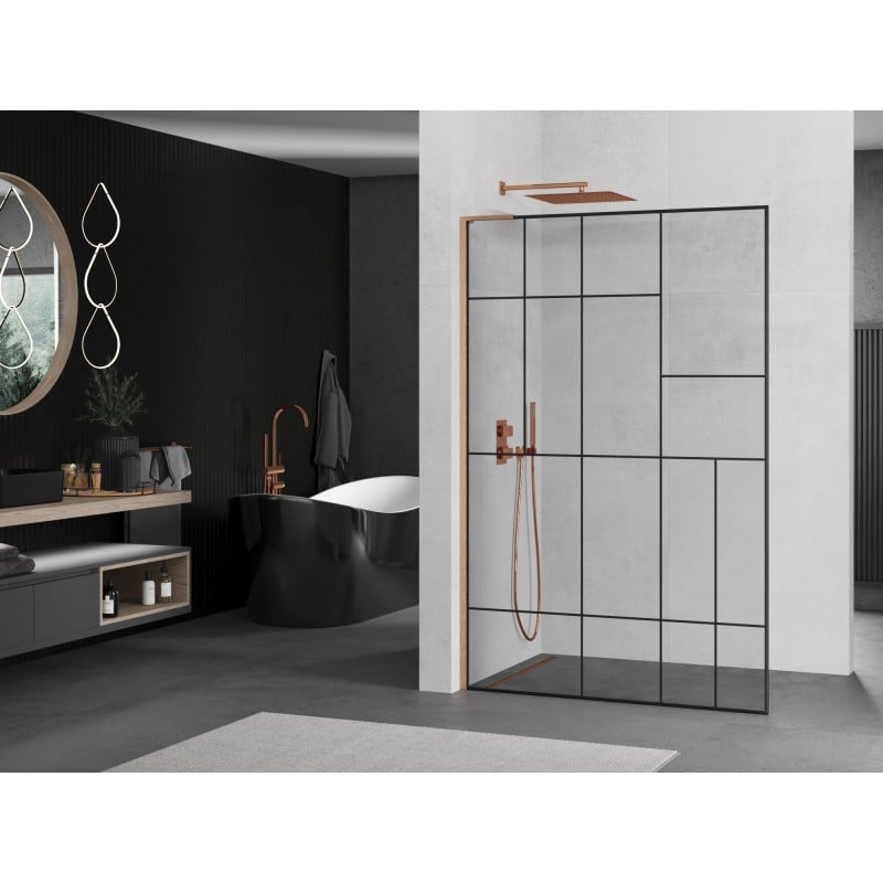 Mexen Kioto L Duschwand Walk-in 120 x 200 cm, schwarzes Muster, gebürstetes Kupfer - 800-120-103-65-78