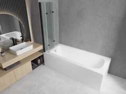 Mexen Vega Rechteckige Badewanne 150 x 70 cm mit Verkleidung und 3-flügeliger 120 cm Duschwand, transparent, schwarz
