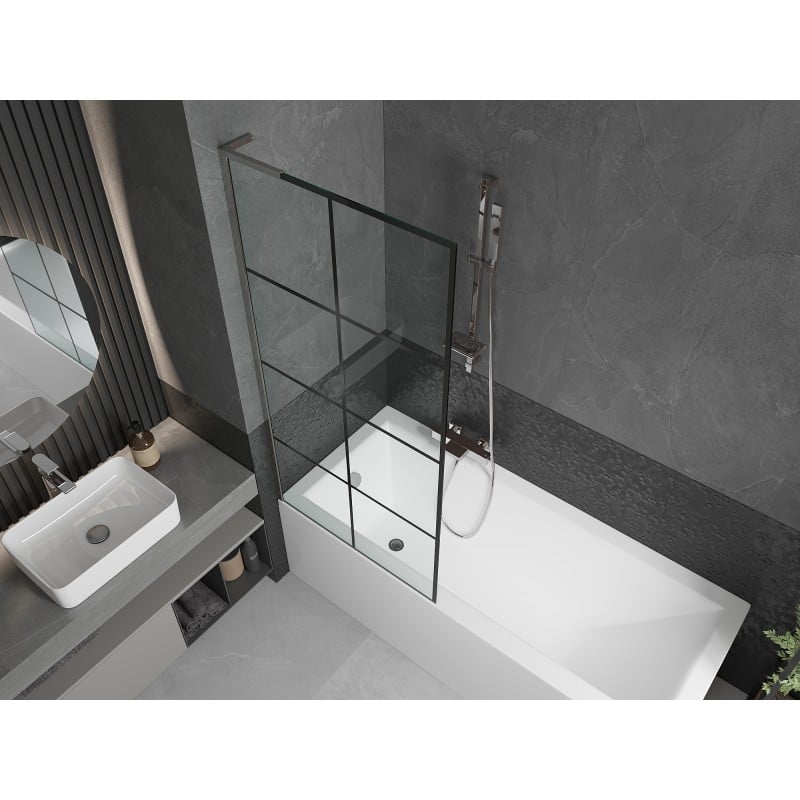Mexen Next L Badewannen-Paravent 1-flügelig 80 x 150 cm, schwarzes Gitter, Chrom - 895-080-000-03-77-01