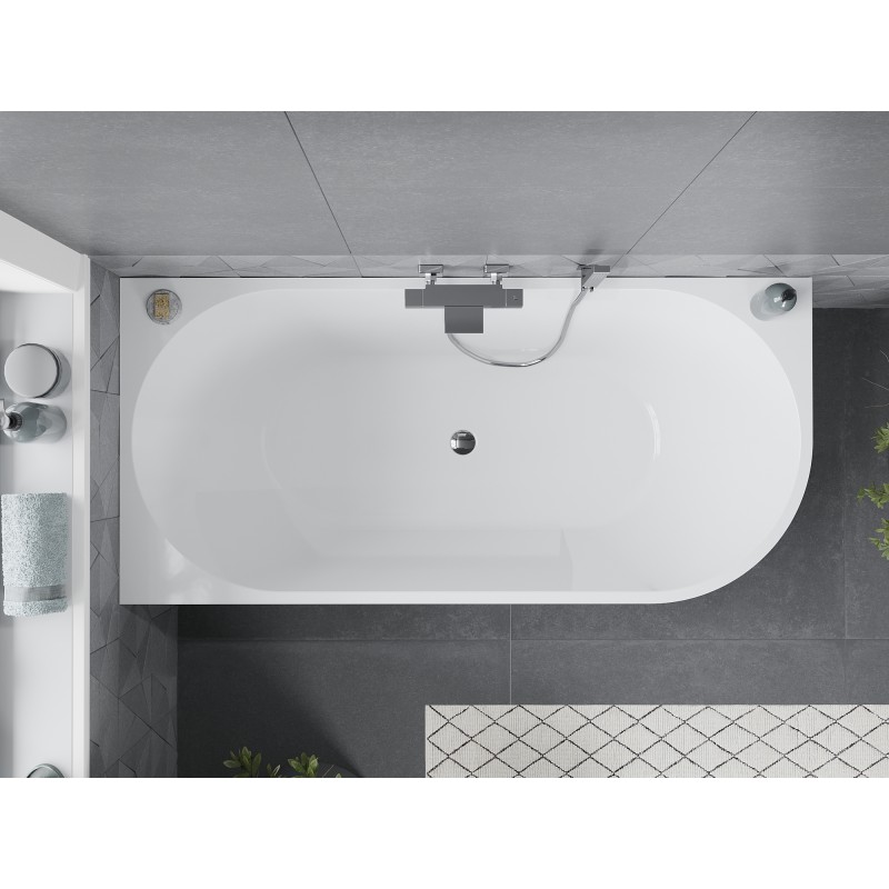 Mexen Mia freistehende Eckbadewanne links 150 x 75 cm, weiß, Überlauf Chrom - 52691507500L-01