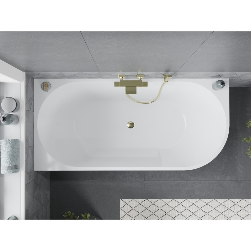 Mexen Mia freistehende Eckbadewanne links 150 x 75 cm, weiß, Überlauf gold - 52691507500L-50
