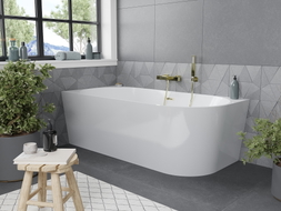 Mexen Mia freistehende Eckwanne links 150 x 75 cm, weiß, Überlauf gold gebürstet - 52691507500L-55