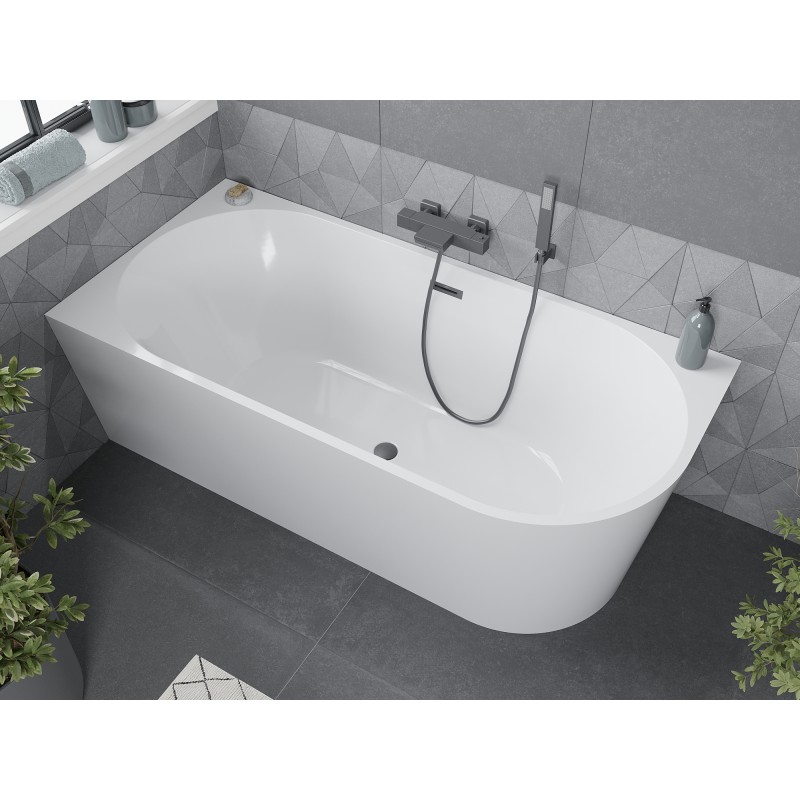 Mexen Mia freistehende Eckbadewanne links 150 x 75 cm, weiß, Überlauf Gun Metal - 52691507500L-95