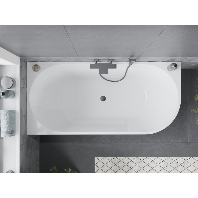 Mexen Mia freistehende Eckbadewanne links 150 x 75 cm, weiß, Überlauf Gun Metal - 52691507500L-95
