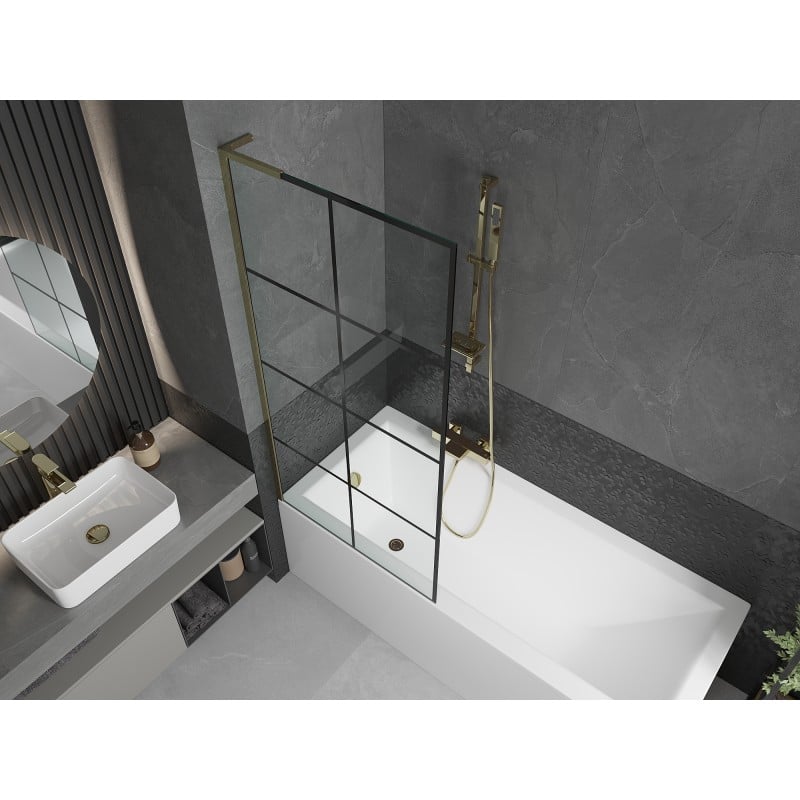 Mexen Next L Badewannenfaltwand 1-flügelig 80 x 150 cm, schwarzes Gitter, gold - 895-080-000-03-77-50