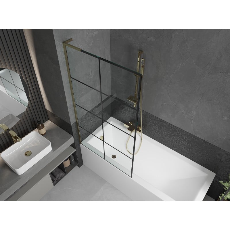 Mexen Next L Badewannenabtrennung einflügelig 90 x 150 cm, schwarzes Gitter, gold - 895-090-000-03-77-50