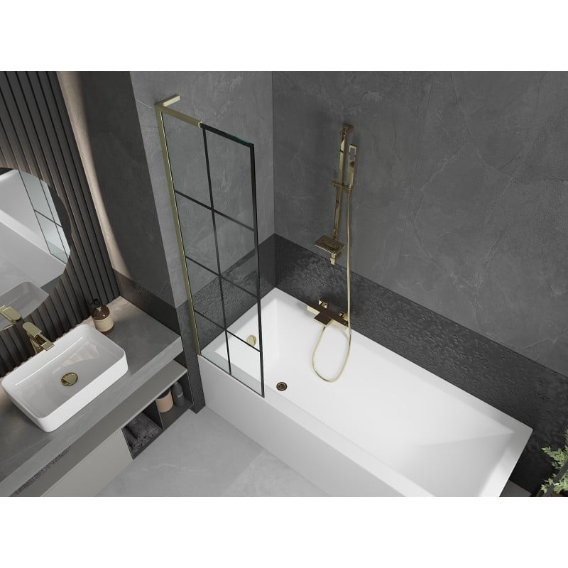 Mexen Next L Badewannen-Paravent 1-flügelig 50 x 150 cm, schwarzes Raster, gebürstetes Gold - 895-050-000-03-77-55