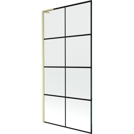 Mexen Next L Wannenfaltwand 1-flügelig 90 x 150 cm, schwarzes Gitter, gebürstetes Gold - 895-090-000-03-77-55