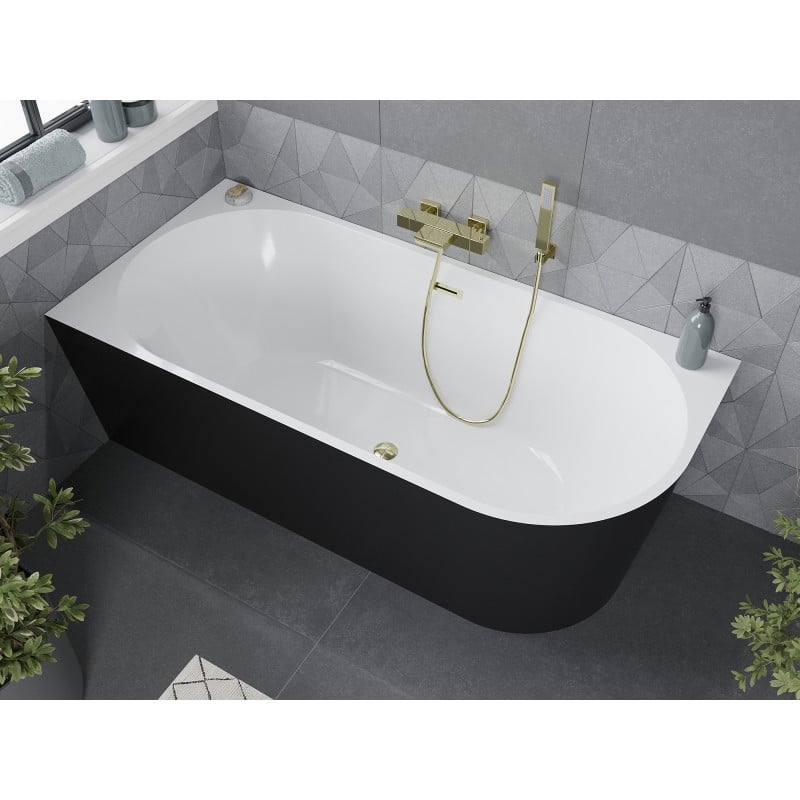 Mexen Mia Freistehende Eckbadewanne links 150 x 75 cm, weiß/schwarz, Überlauf gold - 52691507575L-50