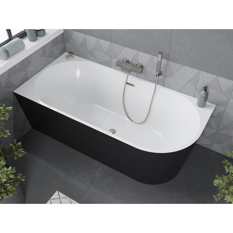 Mexen Mia freistehende Eckbadewanne links 150 x 75 cm, weiß/schwarz, Überlauf gebürsteter Nickel - 52691507575L-97