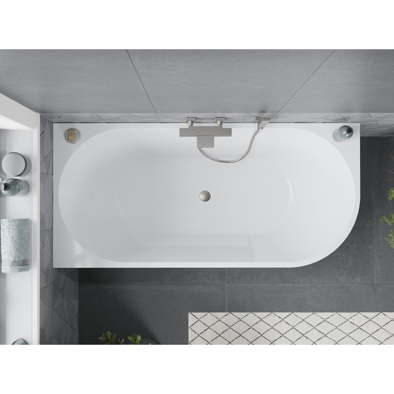 Mexen Mia freistehende Eckbadewanne links 150 x 75 cm, weiß/schwarz, Überlauf gebürsteter Nickel - 52691507575L-97