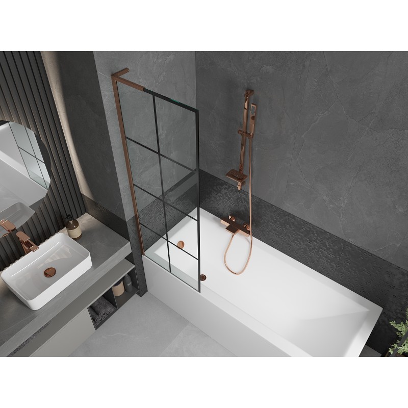 Mexen Next L Badewannenabtrennung 1-flügelig 60 x 150 cm, schwarzes Gitter, Roségold - 895-060-000-03-77-60